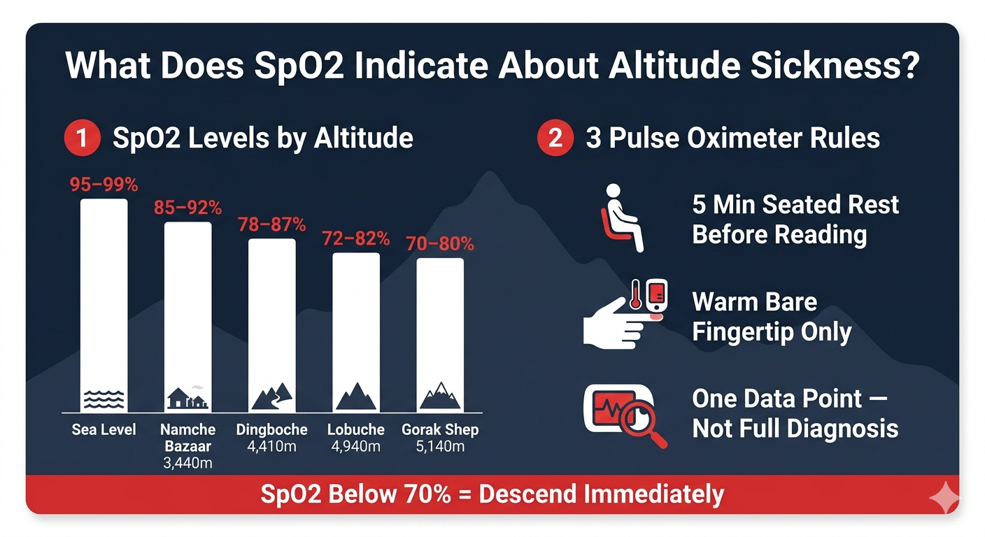 SpO2 oxygen saturation levels chart for Everest Base Camp Trek altitudes – altitude sickness indicator readings from Namche to Gorak Shep
